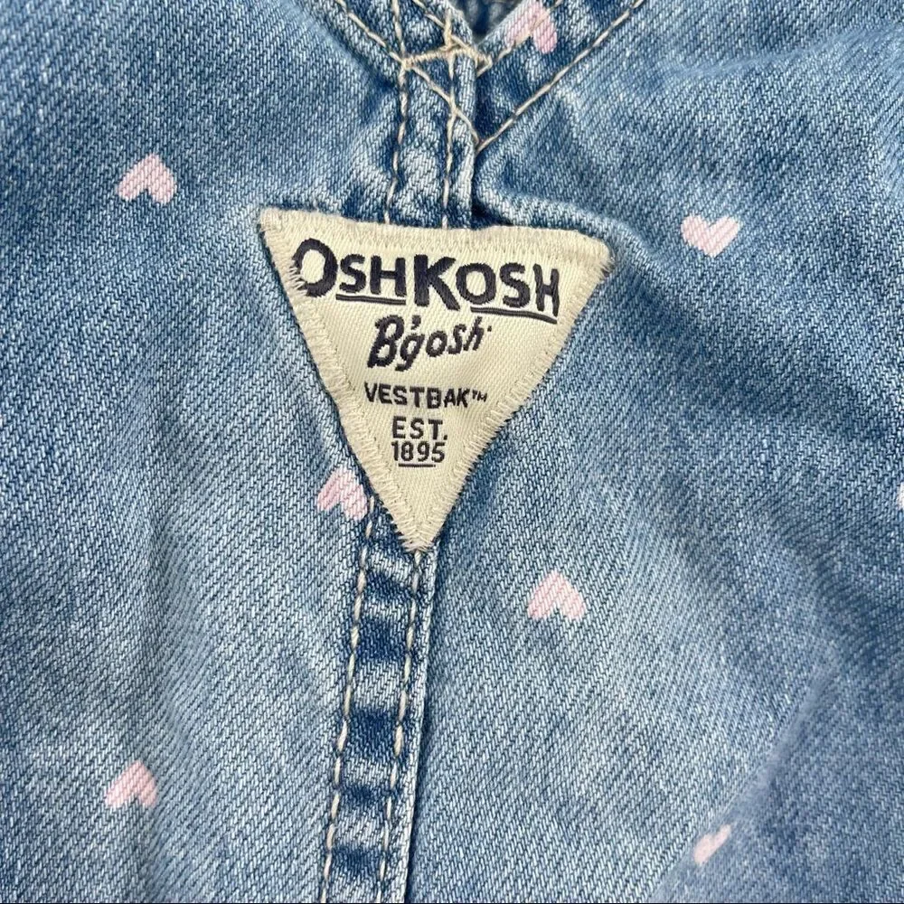OshKosh B’gosh Baby Girl’s Vestbak Pink Hearts Denim Overalls Size 9M